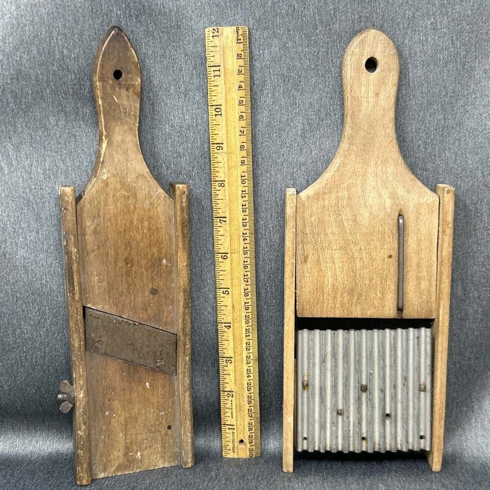 Primitive Wooden Kitchen Tools Mandoline Slicer Crinkle Vegetable Cutter Rustic